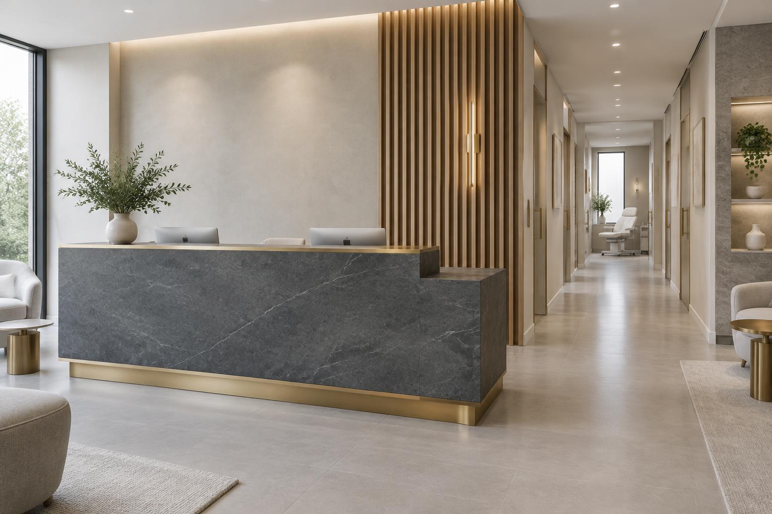 Illustrative luxury aesthetic clinic reception with slate stone and brass details